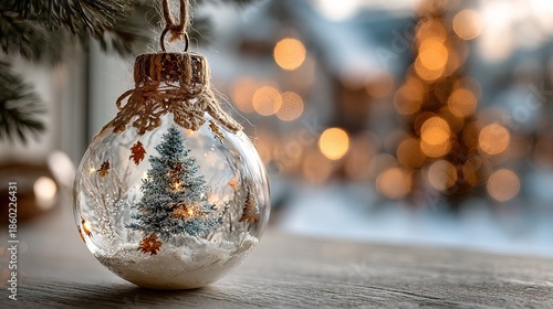 Delicate Christmas Ornament with Miniature Tree Inside Hanging Decoration Still Life