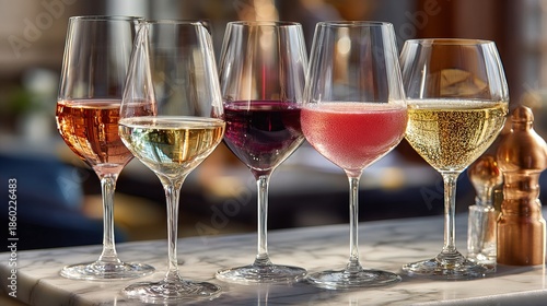 Elegant Close-Up of Colorful Wine Glasses on Marble Countertop