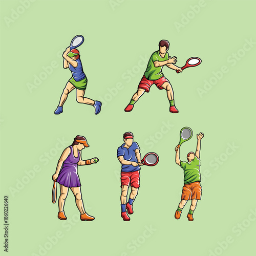 Tennis Player Athlete in Dynamic Pose Vibrant Stylized Vector Set Collection
