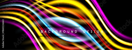 Abstract vibrant lines create dynamic flow. Colors blend, forming modern background design. Brightness contrasts against dark space.