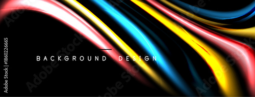 Abstract colorful ribbons flow across black background. Dynamic shapes create modern visual effect. Smooth gradients enhance design.