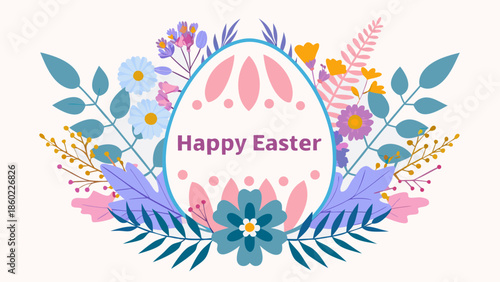 Vibrant Easter egg surrounded by colorful flowers