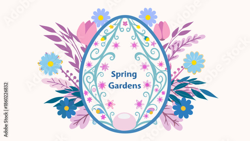 Vibrant spring garden flowers in egg shaped frame