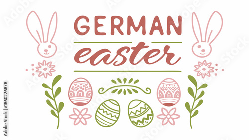 Vibrant German Easter graphic with bunnies and eggs