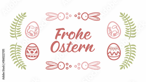 Easter greeting card with decorated eggs and leaves