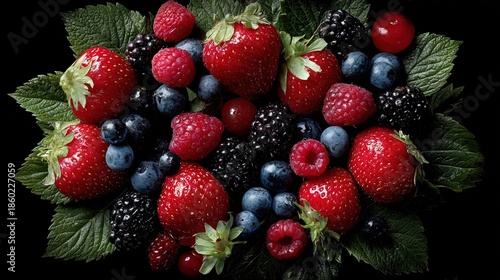 Fresh and Vibrant Assortment of Mixed Berries with Green Leaves Still Life