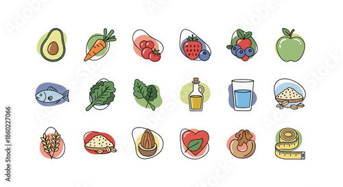 Assorted Cartoon Food Icons Set Display.