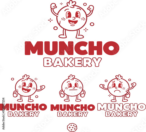 Title Vintage style bakery logo set featuring a cute round bread mascot character with different expressions for bakeshop branding and pastry shop packaging design