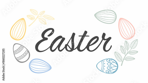 Colorful Easter eggs and leaves on white background