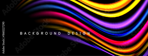 Abstract colorful waves flow across black space. Vibrant hues create dynamic visual texture, modern design element.