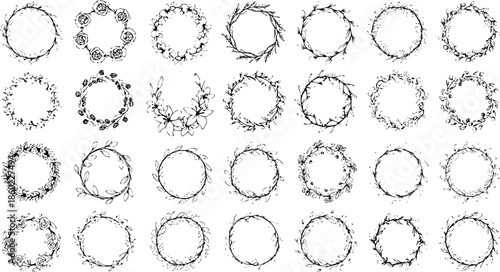 Hand-drawn Black  White Line Art Floral Wreaths, Frames  Borders Collection for Wedding Invitations, Nature Designs  Decorative Elements