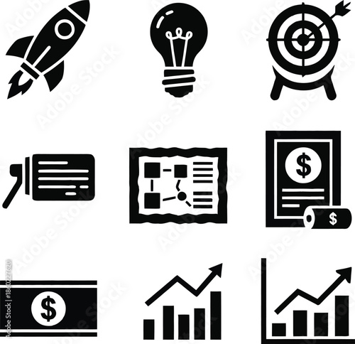 Business icons including rocket lightbulb target money charts and plan
