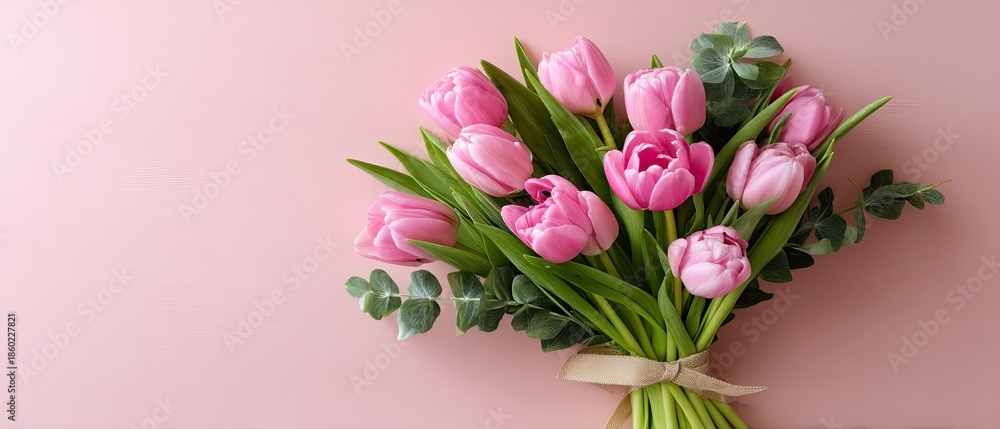 Fototapeta premium Bright pink tulips arranged on peach background with space for text