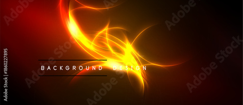 Abstract energy flow, vibrant orange hues dominate dark background. Swirling lines create dynamic visual impact. Text reads background design.