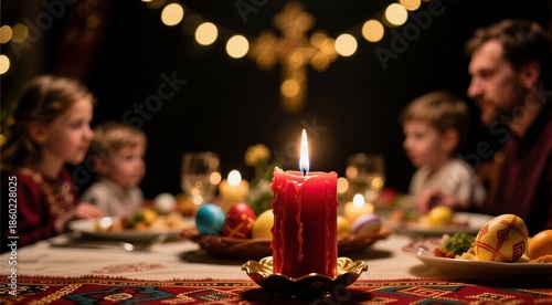 Family easter dinner with candlelit ambiance and decorative eggs