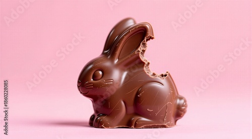 Chocolate bunny with missing ear on pink background