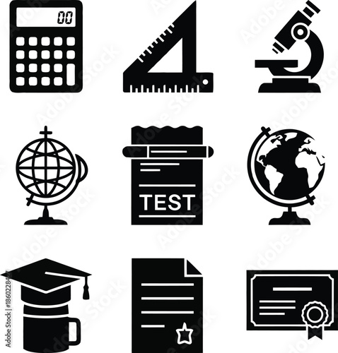 Collection of black education and science icons on white background