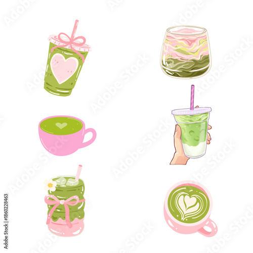 Matcha pink drink illustration set for small business, featuring strawberry matcha latte, iced green tea with pink bow, and cute cafe aesthetic icons.