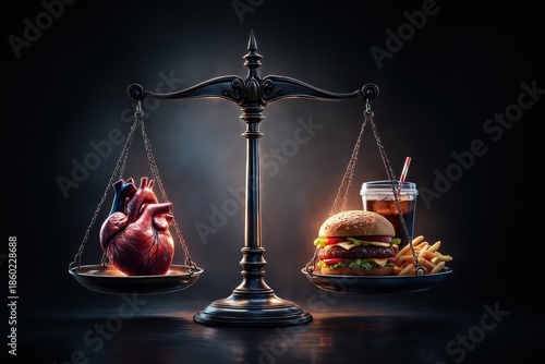 Anatomical heart balancing with fast food on scales. 3D render showing impact of unhealthy diet on cardiovascular health.