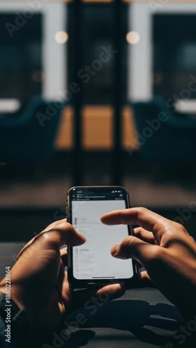 First person view of hands using a smartphone on a train.
