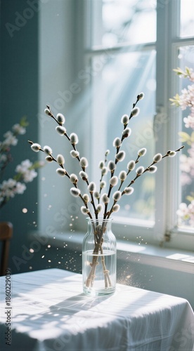 Vase of pussy willow branches in sunlit room