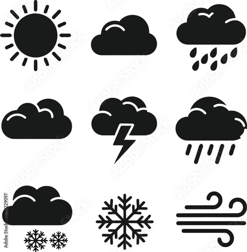 Collection of black weather icons on white background