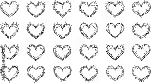 Black and White Hand-Drawn Line Art Collection of Liquid Splash Hearts. Abstract Vector Outlines Symbolizing Love, Emotion, Water, and Fluidity for Health and Wellness Design Concepts.
