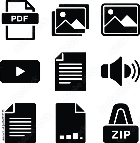 Collection of nine black and white digital file icons