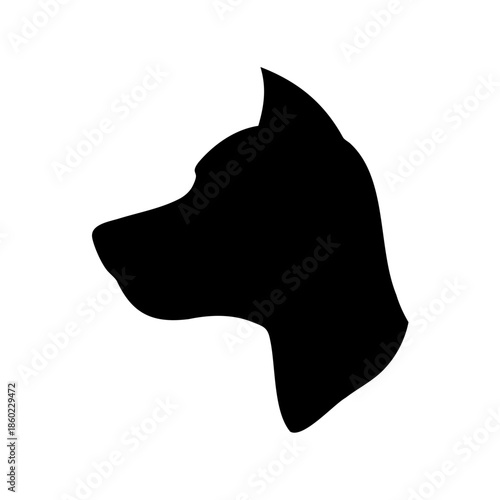 Silhouette of a dog head with pointy ear, black and white
