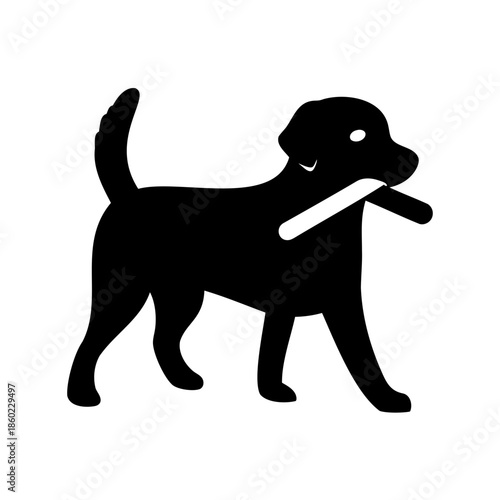 Silhouette illustration of a dog carrying a stick in its mouth joyfully