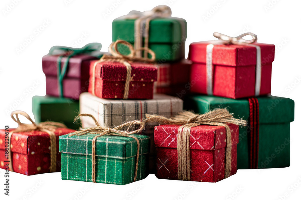 Obraz premium A stack of Christmas presents with green, red and white boxes