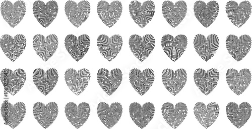 Fotografi Monochrome Line Art Glyph collection of unique heart-shaped fingerprints symbolizing love, identity, personal connection, and security for romantic and biometric designs
