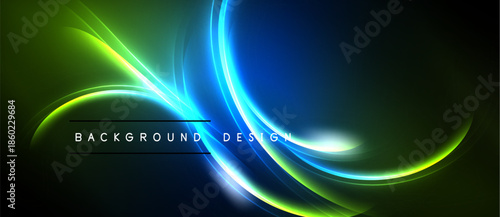 Abstract design features flowing curves, vibrant colors. Green, blue hues dominate dark background. Text reads background design.