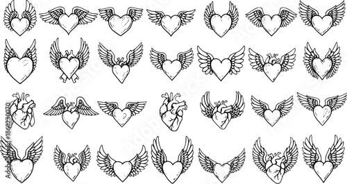 Vector Set of Hand-Drawn Black  White Line Art Hearts with Wings and Anatomical Heart Illustrations for Love, Health, Medical, and Tattoo Design