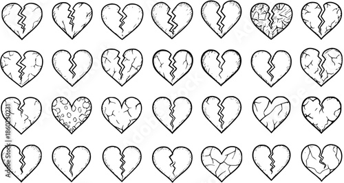 Set of Broken Heart Illustrations in Black and White Line Art Style for Love and Emotion Themes