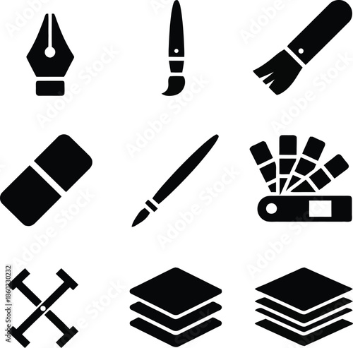 Set of black graphic design tools and icons pen nib