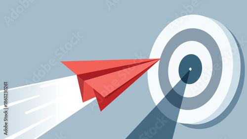 A red paper airplane successfully hitting the center of a target.