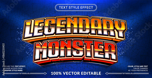 Editable text effect vector “Legendary Monster” features a bold 3D style with powerful and heroic vibes, perfect for games, superheroes, fantasy titles, posters, and epic branding.