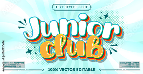 Editable text effect vector “Junior Club” features cute cartoon lettering with playful shapes and bright colors, perfect for kids clubs, children events, schools, and fun promotions.