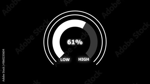 4k Animated digital gauges move from low overload to safe high levels, presentation template, moving colorful needle, indicator, warning message, risk assessment, from 100 to 0 percent.