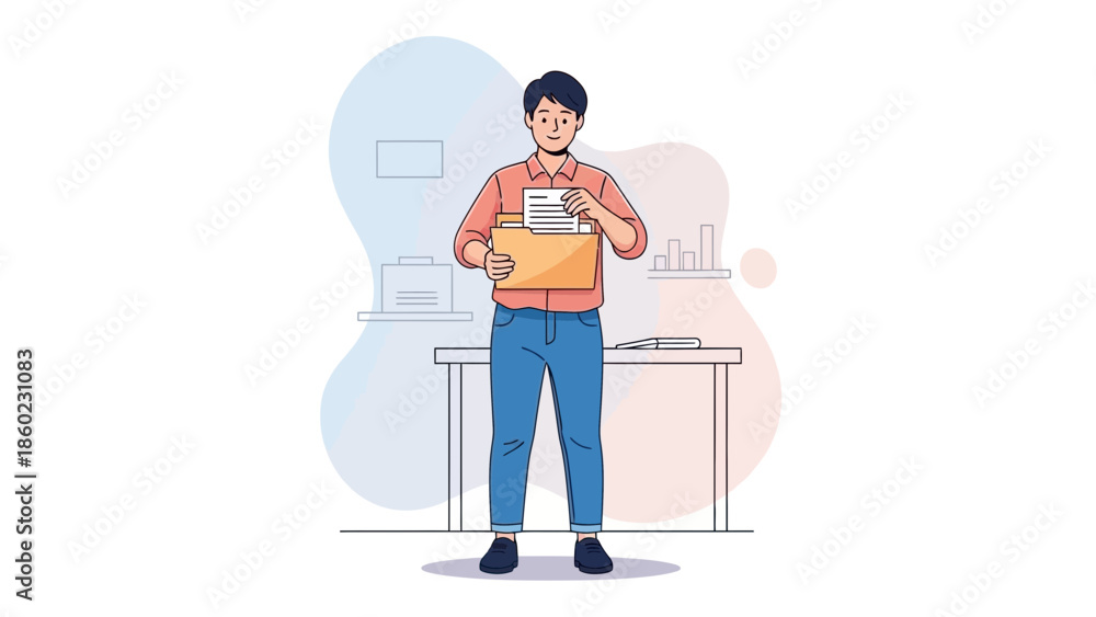 Fototapeta premium Young professional man organizing documents in an office workspace with desk and shelves