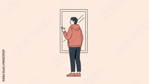 Young person looking at their reflection in a mirror with a contemplative pose