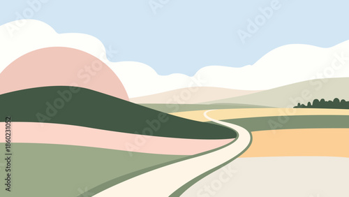 A stylized landscape featuring rolling hills, a winding road, and a soft sunset