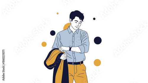 Young professional man in casual shirt with jacket over shoulder checking smartwatch in a modern