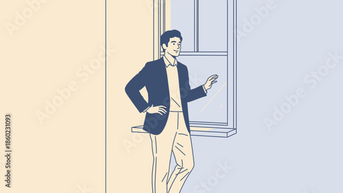 Young professional man in smart casual attire checking mobile device at window in modern office