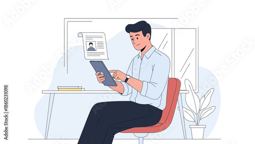 Young professional man sitting at desk using tablet for work or communication in modern office space