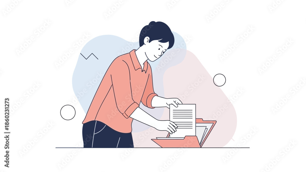 Fototapeta premium Young woman organizing documents and files in a tidy workspace emphasizing efficiency and