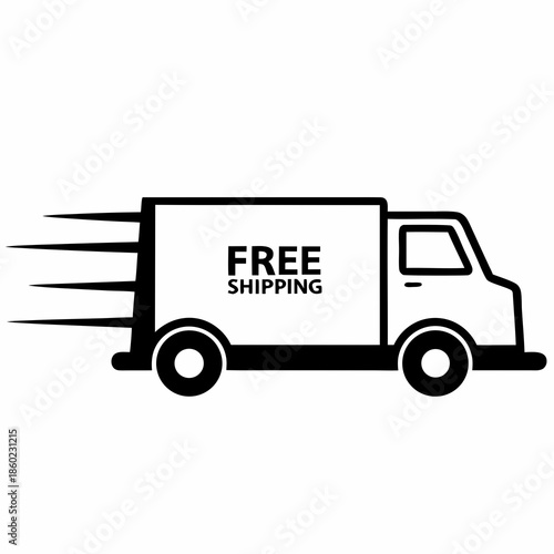 Free Shipping Delivery Truck Black and White Vector Illustration