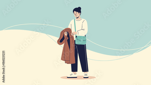 Young woman holding a coat and a handbag while standing outdoors in a casual outfit with