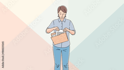 Young woman organizing and tidying her desk or workspace with papers and folders